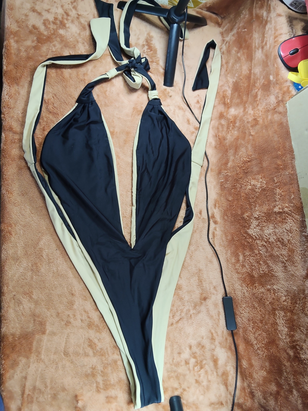 Fashion Nova Black and Beige Deep V One-Piece Swimsuit